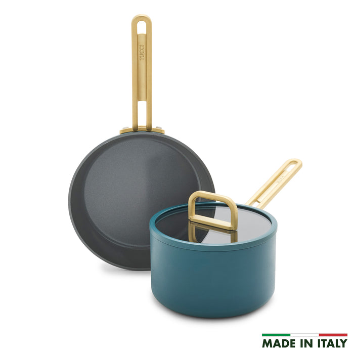 Three-piece mini cookware set in Venetian teal with gold handles and ceramic coating.