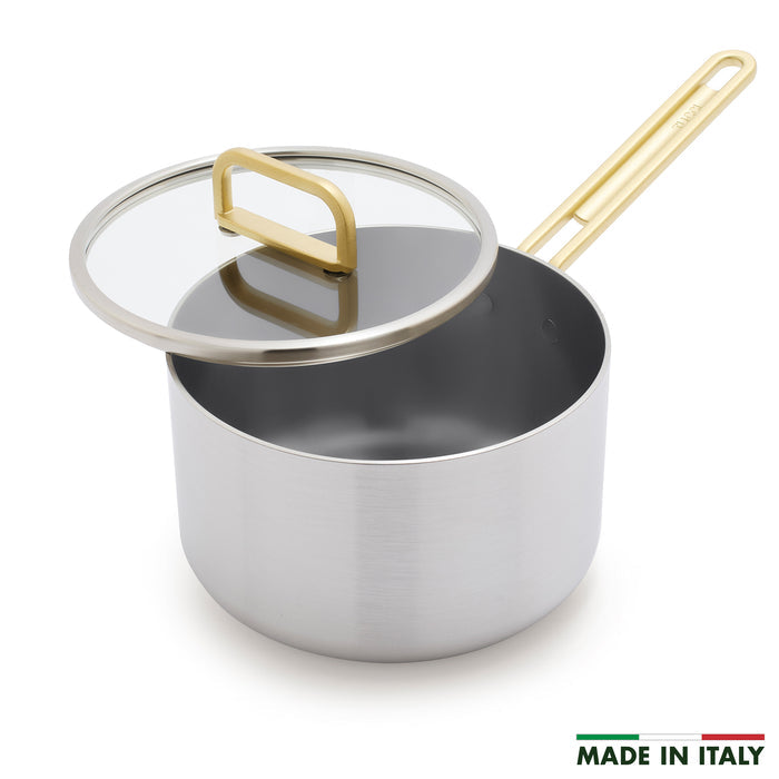 Stainless steel nonstick 4-quart saucepan with lid and champagne handle, Made in Italy text in lower right corner.