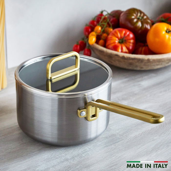 Stainless steel nonstick saucepan with champagne-colored handle on a counter next to tomatoes. 4-quart size.