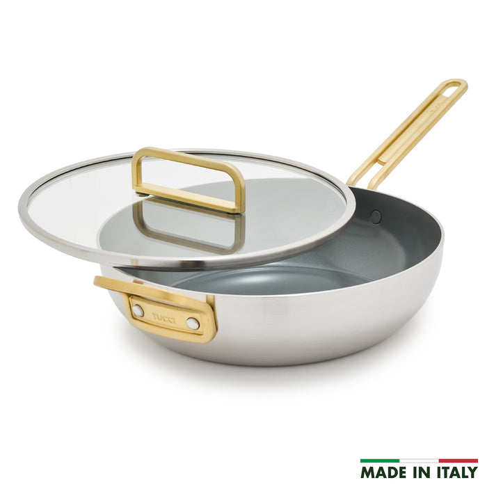 Steel ceramic nonstick pan with matching lid, 4.5-quart size, silver finish.