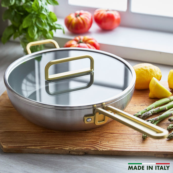 Stainless steel and ceramic nonstick pan with lid, 4.5 quart size, silver finish.