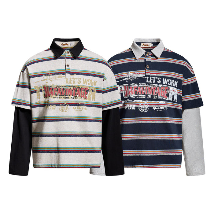 Two striped faux layered long sleeve polo shirts, one light gray and one navy, with black underlayer sleeves