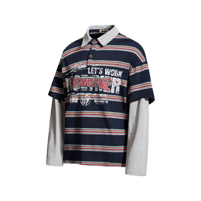 Navy striped long sleeve polo shirt with light gray layered sleeves and a printed front graphic