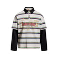 Front view of light gray striped long sleeve polo shirt with black collar and sleeves