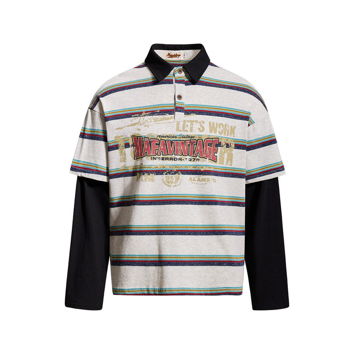 Front view of light gray striped long sleeve polo shirt with black collar and sleeves