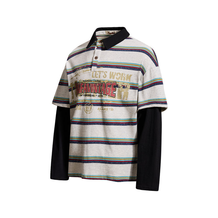 Three-quarter view of light gray striped layered polo shirt with black collar and sleeves