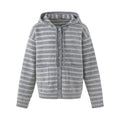 Men's grey striped hooded knit cardigan sweater with button-front placket and patch pockets, front and back view