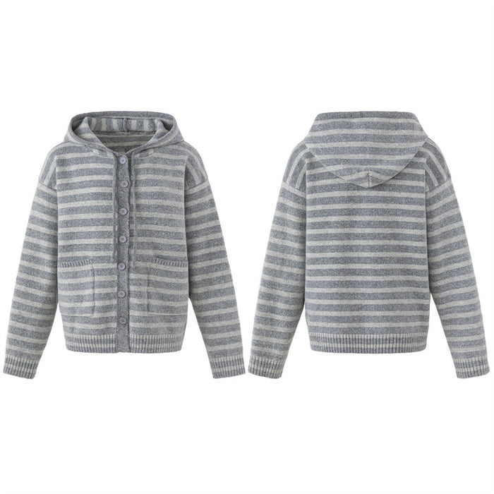 Gray striped knit hooded cardigan shown front and back with button front and ribbed hem