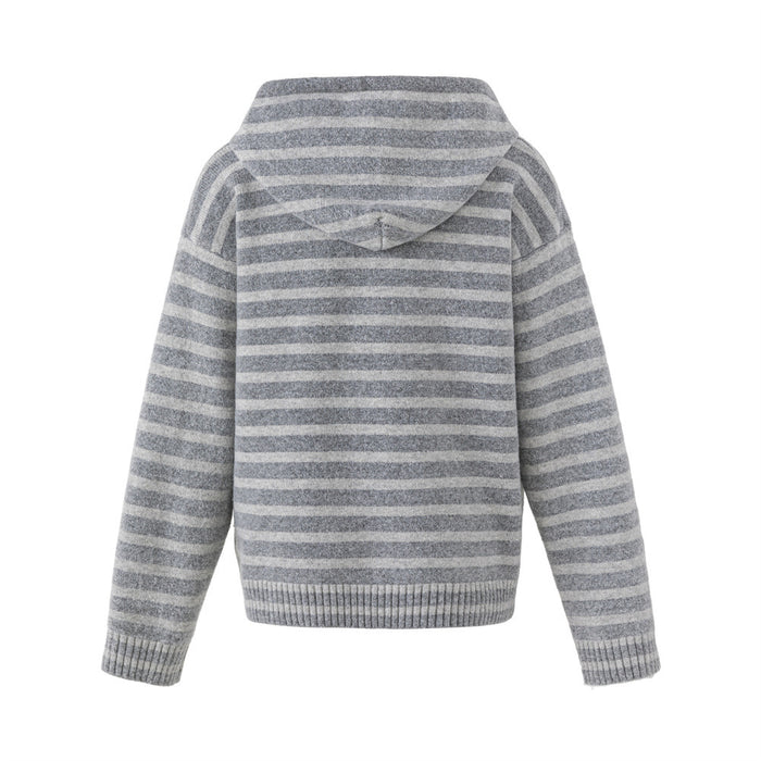 Back view of gray striped knit hooded cardigan with ribbed hem and sleeves