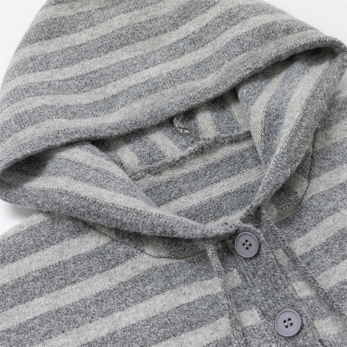 Close-up of the hood and button front on a gray striped knit cardigan