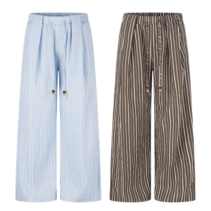 Striped Wide-Leg Pants with Elastic Drawstring Waist and Pleated Detail