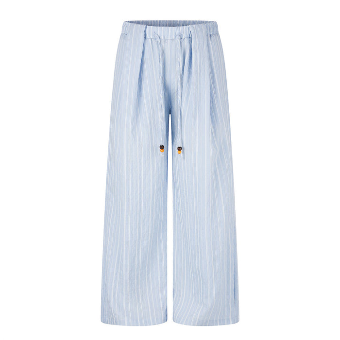 Striped Wide-Leg Pants with Elastic Drawstring Waist and Pleated Detail