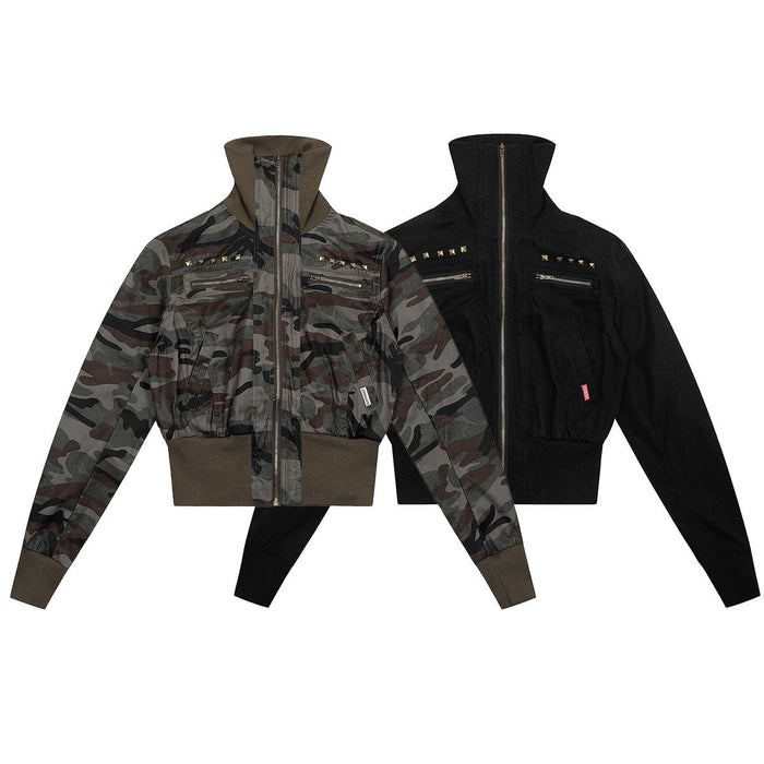 Cropped camouflage bomber jacket with gold pyramid studs and dual zippered chest pockets, shown alongside black version