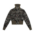 Camo cropped bomber jacket with studded chest pockets and ribbed olive high collar