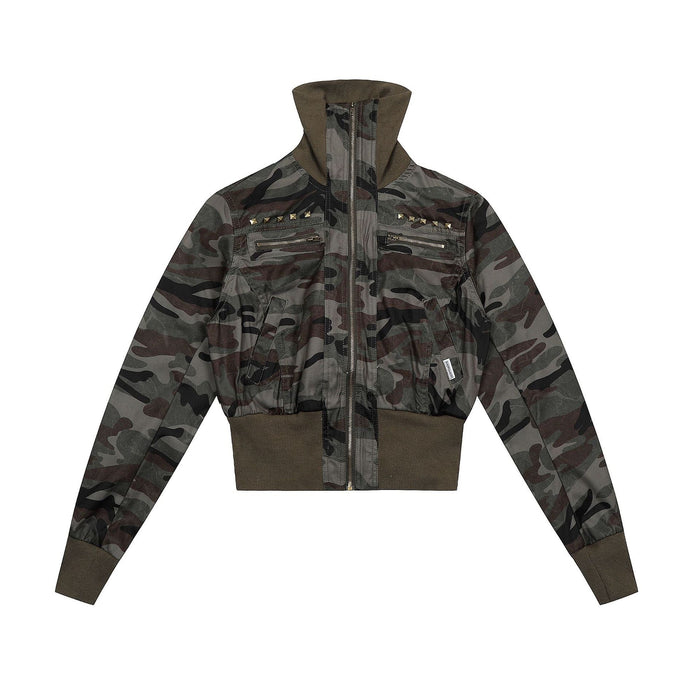 Camo cropped bomber jacket with studded chest pockets and ribbed olive high collar