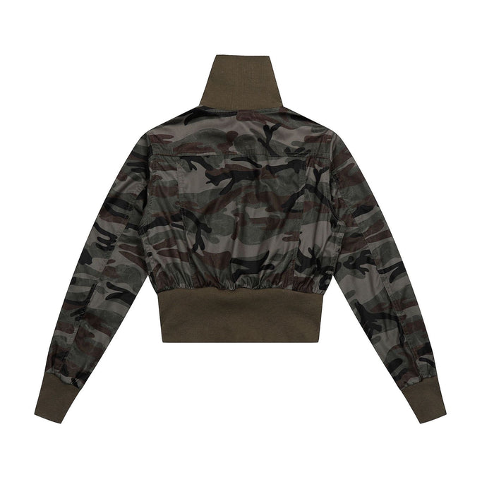 Back view of camo cropped bomber jacket with olive ribbed collar and hem