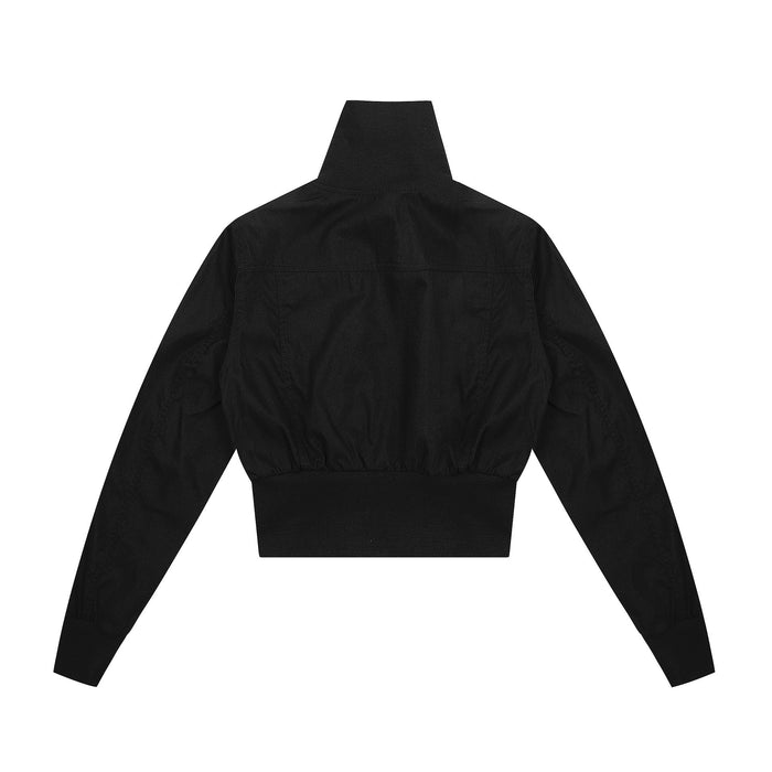 Back view of black cropped bomber jacket with ribbed collar, cuffs and hem