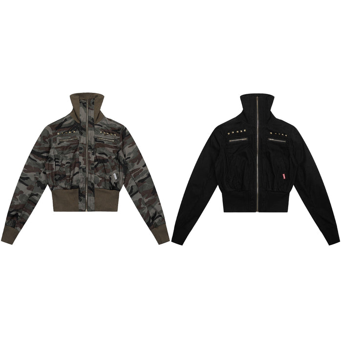 Side by side front views of camo and black cropped bomber jackets