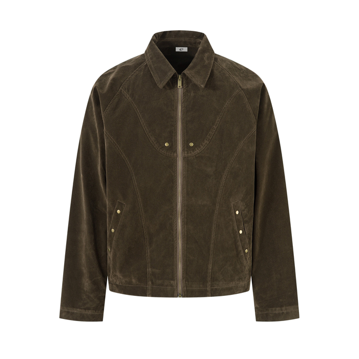 Front view of an olive suede-texture jacket with arc panel stitching and a zip front