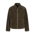 Front view of an olive suede-texture jacket with arc panel stitching and a zip front