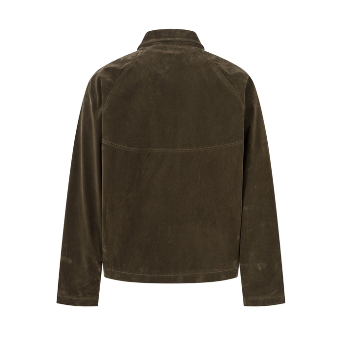 Back view of an olive suede-texture jacket with raglan sleeves and straight hem