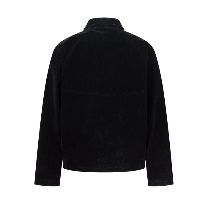Back view of a black suede-texture jacket with raglan sleeves and straight hem