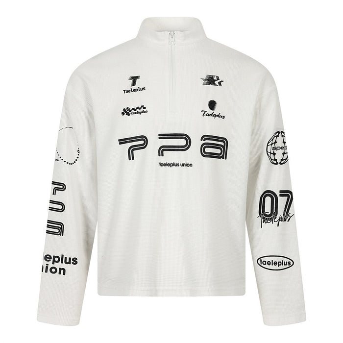 Taeleplus Union PPA racing graphic half-zip mock neck waffle-knit sweatshirt in white and black