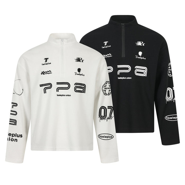 White and black half-zip mock neck sweatshirt with racing-style graphics, front view