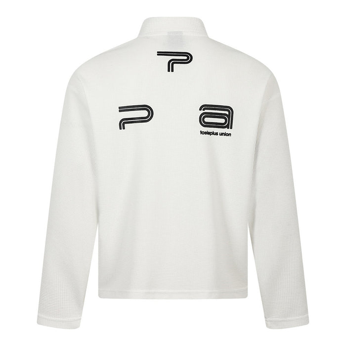 White half-zip mock neck sweatshirt with black graphic logos, back view