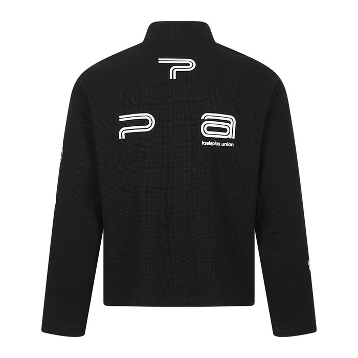 Black half-zip mock neck sweatshirt with graphic logos, back view
