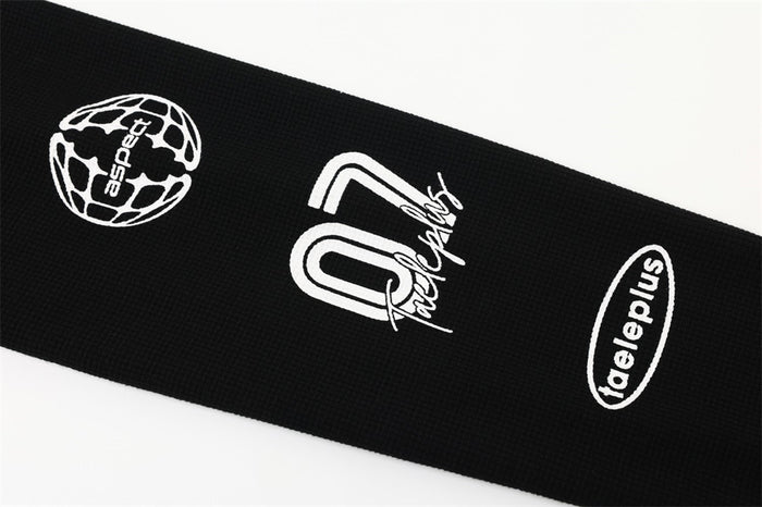 Black sleeve with white racing-style graphics and logo prints