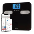 Taylor Smart Body Composition Scale with Precision Hub App showing weight on a blue display and a connected smartphone