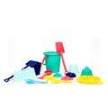 The Toysmith 15pc Sand Bucket Set by Toysmith features a green bucket, red and blue shovels, assorted sandcastle molds, and a yellow sifter—all arranged on a white background.