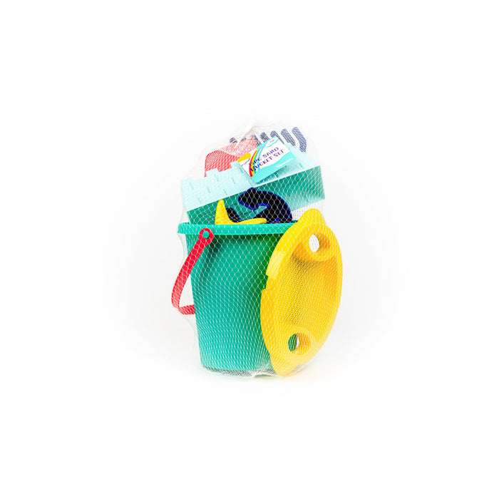 The Toysmith 15pc Sand Bucket Set by Toysmith features a green plastic bucket with a red handle, yellow lid, and colorful beach toys and sandcastle molds inside, all covered by a mesh net against a white background.