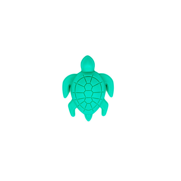 A turquoise plastic turtle toy from the Toysmith 15pc Sand Bucket Set is centered on a white background, featuring simple detailing and a smooth surface—ideal for pairing with your favorite beach or sandcastle toys.