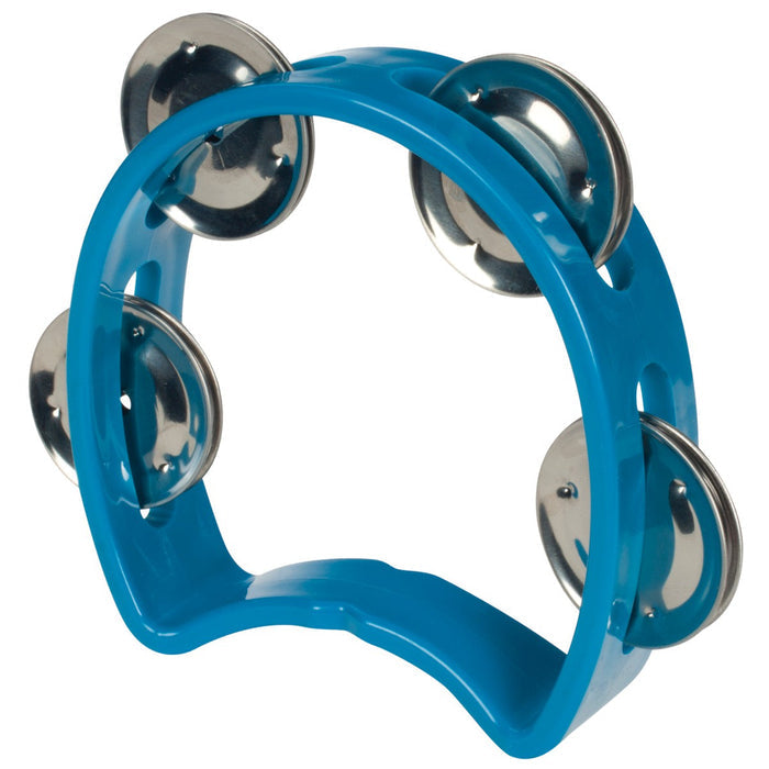 The Toysmith Tambourine by Toysmith is a blue plastic music toy with five pairs of silver jingles, shown standing upright on a white background.