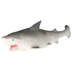 The Toysmith Ginormous Grow Shark is a rubber toy with a gray back, white underside, blue eyes, and an open mouth. Simply place this Toysmith water-grow toy in water to watch it expand!.