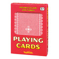 A red Toysmith Playing Cards box labeled PLAYING CARDS, ideal for travel or game nights. Includes 52 cards and 2 Jokers, for ages 5+, with a geometric card back design on display.