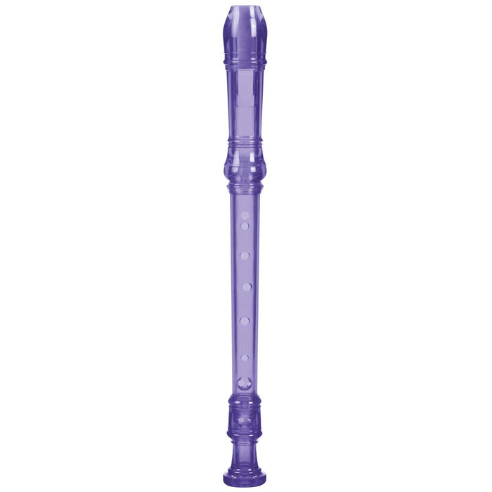 A Toysmith Recorder beginner musical instrument in purple, featuring finger holes, is displayed vertically on a white background.