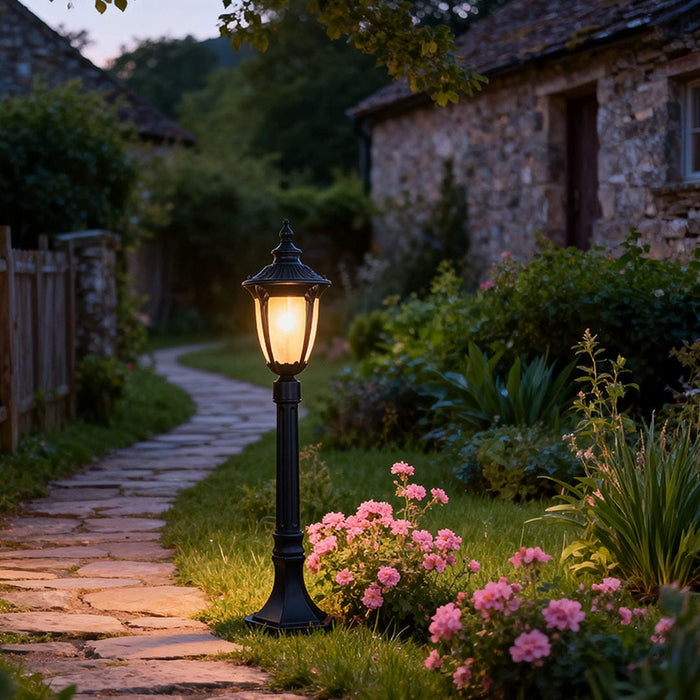 Traditional European Style Garden Post Light Black Aluminum Glass Lantern 9W 31 Inch Carved | NordaLight