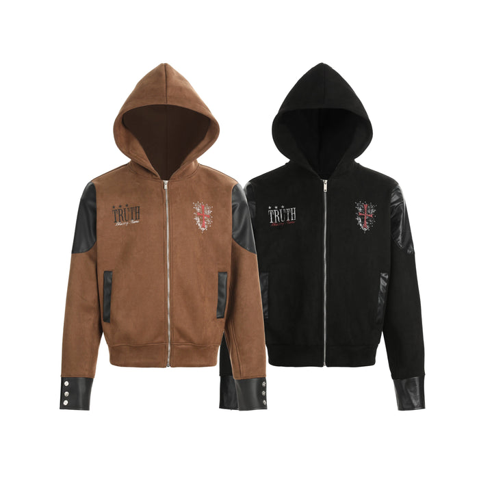 Caramel brown and black mixed-media embroidered hooded zip jackets with faux-leather panels and cross shield crest motif