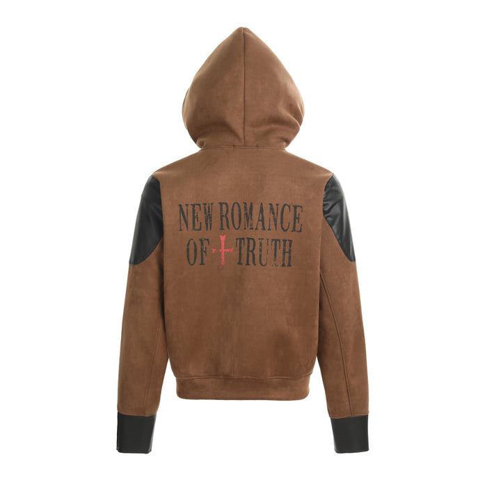 Back view of brown hooded jacket with black sleeves and large New Romance of Truth graphic