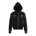 Front view of black hooded jacket with black faux leather sleeves and embroidered chest graphics