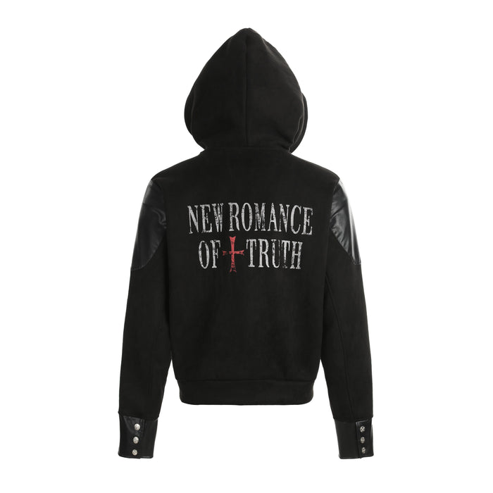 Back view of black hooded jacket with large New Romance of Truth graphic and red cross