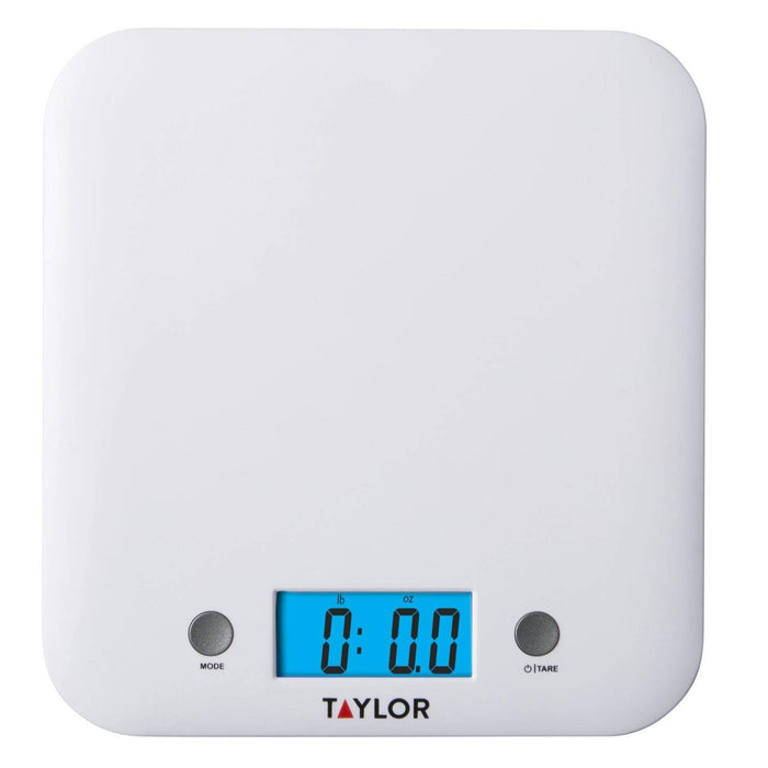 Front view of white Taylor Ultra Thin Digital Kitchen Scale with a blue backlit display showing zero