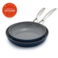 Set of two frying pans with a 'Winner' badge from America's Test Kitchen on a white background