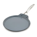 Ceramic nonstick crepe pan, 9.5 inches, with a silver handle on a white background.
