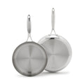 Stainless steel frypan set with two pans, shiny metal handles, and polished finish.
