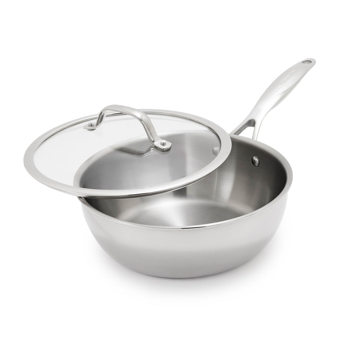 Stainless steel chef's pan with lid on a white background