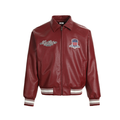 Burgundy PU leather bomber jacket front with chest patches and striped ribbed hem